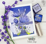A handmade card featuring a lush bouquet of tulips, poppies and cosmos with a fluttering butterfly from Unity Stamp Co's Where Butterflies Wait red rubber stamp set, with the sentiment 'One gentle step at a time is enough.'.