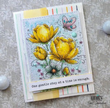 A cardmaking project featuring a lush bouquet of tulips, poppies and cosmos with a fluttering butterfly from Unity Stamp Co's Where Butterflies Wait red rubber stamp set, with the sentiment 'Hello lovely'.