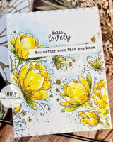 A stamped card showcasing a lush bouquet of tulips, poppies and cosmos with a fluttering butterfly from Unity Stamp Co's Where Butterflies Wait red rubber stamp set, with the sentiment 'You matter more than you know.'.