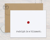 Instant download printable greeting card from Unity Stamp Company. “Rudolph In A Blizzard” PDF prints two cards per sheet for easy at-home printing.