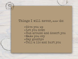 Instant download printable greeting card from Unity Stamp Company. “Things I will Never Ever Do…” PDF prints two cards per sheet for easy at-home printing.