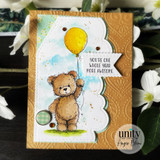 Kraft card of the teddy with a yellow balloon and "you're one whole year more awesome."