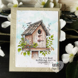 Soft sky card with the birdhouse, a bird and 'For with God nothing shall be impossible.'