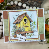 Card with the yellow birdhouse, a bird and 'Thanks.'