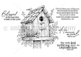 Red rubber stamp of a rustic birdhouse with a bird and greenery plus faith sentiments 'Blessed is the one who trusts in the Lord,' 'He restores my soul' and 'For with God nothing shall be impossible.'