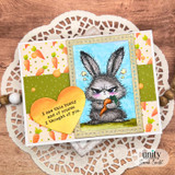 Card with the coloured grumpy bunny, carrots and 'I saw this bunny and of course I thought of you.'