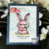 Card with the pink grumpy bunny and carrot and 'Spring has sprung. I have not.'