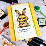Yellow card with the golden grumpy bunny and 'Spring has sprung. I have not.'