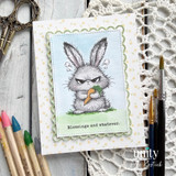 Card with the grey grumpy bunny and 'Blessings and whatever.'