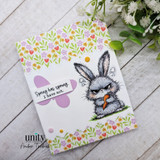 Floral card with the grumpy bunny and 'Spring has sprung. I have not.'