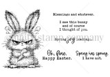 Red rubber stamp of a grumpy fluffy bunny clutching a carrot with the funny sentiments 'Spring has sprung. I have not,' 'Ok, fine. Happy Easter' and 'Blessings and whatever.'