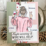 Card of the wine-and-peace-sign woman in pink with 'Maybe swearing and wine will help.'