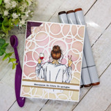 Card of the woman in cream holding wine with 'Menopause. No filters. No apologies.'