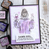 Purple card of the woman holding wine with 'DAMN GIRL, are you getting hotter or is that just menopause?'