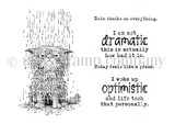 The Not Dramatic Pissy Kitty red rubber stamp set from Unity Stamp Co - a soggy, grumpy, rain-drenched cat under storm clouds, with sentiments including: Rain checks on everything.; I am not dramatic, this is actually how bad it is.; Today feels like a prank..