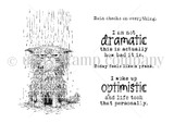 Red rubber stamp sheet with a drenched scowling cat standing in the rain, carrying 'Rain checks on everything.' and 'I woke up optimistic and life took that personally.'