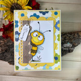 A handmade greeting card with a wide-eyed, smiling cartoon bumblebee from Unity Stamp Co's Peek-A-Bee red rubber stamp set, with the sentiment 'You're un-BEE-lievably amazing!'.