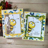 A colored card featuring a wide-eyed, smiling cartoon bumblebee from Unity Stamp Co's Peek-A-Bee red rubber stamp set, with the sentiment 'Bee-told your card has arrived!'.