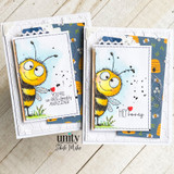 A cardmaking project featuring a wide-eyed, smiling cartoon bumblebee from Unity Stamp Co's Peek-A-Bee red rubber stamp set, with the sentiment 'You're un-BEE-lievably amazing!'.