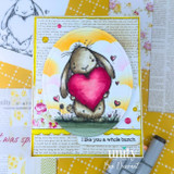 Bright card of the bunny hugging a pink heart, 'I like you a whole bunch.'