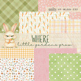 Cover of the Where Little Gardens Grow 6x6 paper pack from Unity Stamp Co — a grumpy bunny clutching a carrot amid carrot prints, pastel plaids and ditsy florals in pink and green, with the title in script.
