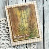 Handmade sample card made with the Where Little Gardens Grow papers — a stamped garden window scene with ferns and greenery framed in warm wood tones and gingham.