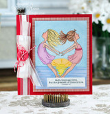Red gingham framed card with a sheer ribbon and rose, the two leaping girls in lavender and pink over a golden sunset and 'faith, hope and love. But the greatest of these is love.'