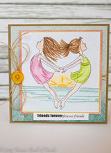 Aqua and kraft card with twine and a yellow button, the two friends in pink and green dresses forming a heart above the water, with 'friends forever forever friends'.