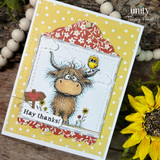 A colored card featuring a shaggy Highland cow with a little bird perched on its head, in a wildflower meadow from Unity Stamp Co's Seen & Herd red rubber stamp set, with the sentiment 'Sorry for being so moody!'.