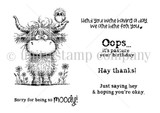 The Seen & Herd red rubber stamp set from Unity Stamp Co - a shaggy Highland cow with a little bird perched on its head, in a wildflower meadow, with sentiments including: Heard you were having a day, we are here for you; Oops... it's pasture your birthday; Hay thanks!.