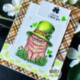 Card with the leprechaun cat over plaid, 'Pinch me. I dare you.'