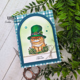 Blue gingham card with the grumpy leprechaun cat, 'Pinch me. I dare you.'