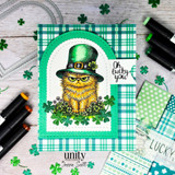 Plaid arched card with the leprechaun cat, 'Oh, lucky you'