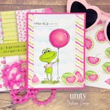 Card of the frog with a pink balloon over watermelon paper with "i toad-ally love ya."