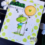 Green polka-dot card of the frog with a yellow balloon and "i toad-ally love ya."