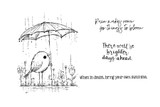 Puddles to Petals red rubber stamp sheet: a little bird under an umbrella in the rain with 'Rain makes room for things to bloom,' 'There will be brighter days ahead' and 'When in doubt, bring your own sunshine.'