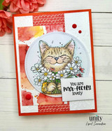 Card with the tabby and bouquet on a circle over a red wash and 'You are purr-fectly lovely.'