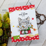 Card with the tabby cat and daisy bouquet over floral papers and 'You are purr-fectly lovely.'
