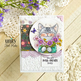 Card with the tabby and bouquet on a circle over floral papers and 'You are purr-fectly lovely.'