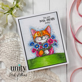 Card with the orange tabby and colorful bouquet over green and 'You are purr-fectly lovely.'