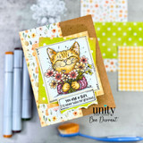 Card with the orange tabby and bouquet over sunny papers and 'You are a gift, I'll never take for granted.'