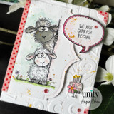 Embossed card with the fuzzy sheep peeking and a 'We just came for the cake' speech bubble.