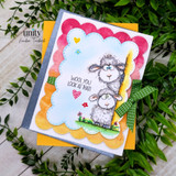 Bright scalloped card with the two sheep and 'Wool you look at that!'