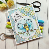 Handmade card with a grumpy goat and the sentiment, “You’ve goat to be kidding me,” surrounded by pastel patterned papers and crafting supplies.