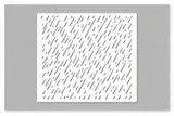 The Rain Check stencil - a white 6 inch square stencil cut with rows of slanted dashes that read as falling rain, photographed on a gray background.