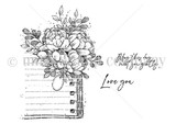 Red rubber stamp sheet: a full bouquet of peonies and leaves spilling over a spiral-bound notebook page, beside 'May this day meet you gently' and 'Love you.'