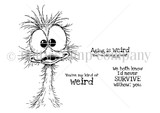 Line-art red rubber stamp set 'Little Weirdo' showing a wild-eyed quirky bird with funny sentiments like 'You're my kind of weird' and 'aging is weird, you're doing great.'