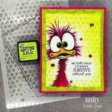 A wild-eyed quirky bird stamped in red rubber and colored on a handmade card reading "Aging is weird. You're doing great."