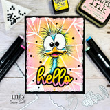 Handmade card featuring a wild-eyed quirky bird, with the sentiment "Aging is weird. You're doing great."