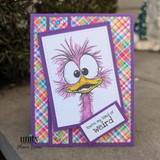 A wild-eyed quirky bird stamped in red rubber and colored on a handmade card reading "We both know I'd never survive without you."